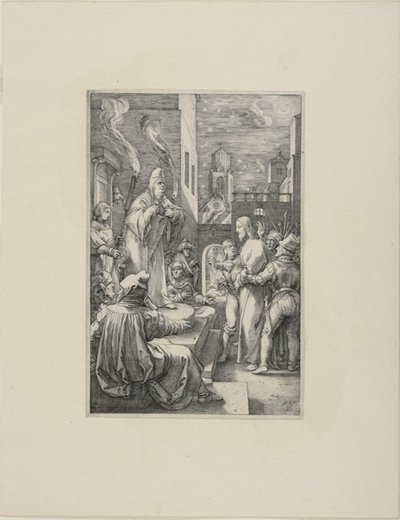 カイアファの前のキリスト、「キリストの受難」のプレート 4 作： Hendrick Goltzius
