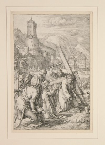 十字架を背負ったキリスト、受難からの #9、一連の 12 の彫刻 作： Hendrick Goltzius