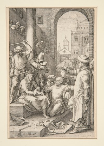 12 の彫刻シリーズの 7 番、The Passion より、いばらの冠をかぶったキリスト 作： Hendrick Goltzius