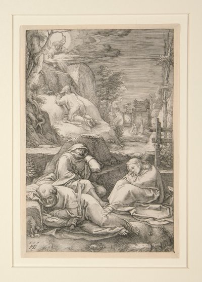 オリーブ山のキリスト (庭の苦悩)、受難から、12 の彫刻のシリーズの #2 作： Hendrick Goltzius
