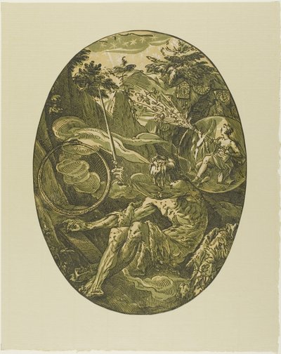 永遠の洞窟のデモゴルゴン、「デモゴルゴンと神々」のプレート 1 作： Hendrick Goltzius