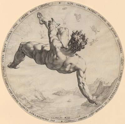『フェートンの墜落』、「四人の天界の挑戦者」シリーズの第3ページ 作： Hendrick Goltzius