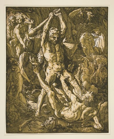 カクスを殺すヘラクレス 作： Hendrick Goltzius
