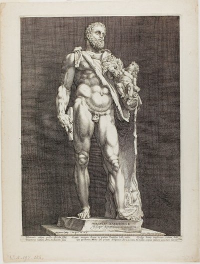 ヘラクレスとテレフォス、3 つの有名なアンティーク彫刻のプレート 2 作： Hendrick Goltzius