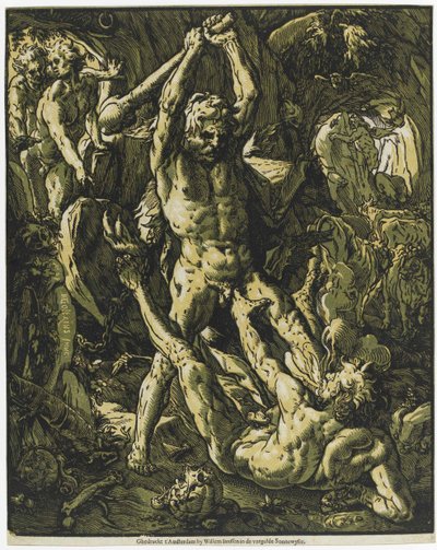 カクスを殺すヘラクレス、1588年。 作： Hendrick Goltzius