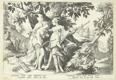 ダイアナに変装したジュピターがカリストを誘惑 作： Hendrick Goltzius