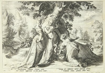 ミネルバから託された籠を開けるケクロップの娘たち 作： Hendrick Goltzius