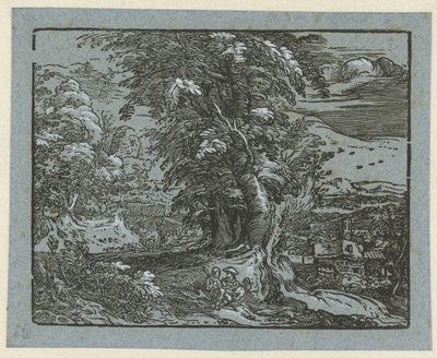 座っているカップルのいる風景 四つの小さな風景 (シリーズタイトル) 作： Hendrick Goltzius