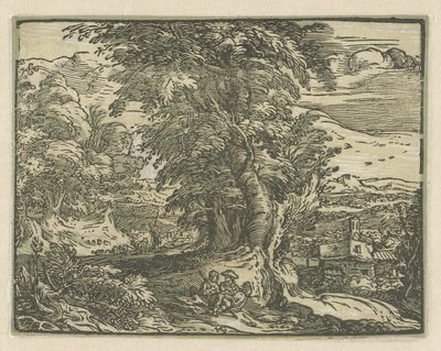 座っているカップルのいる風景 四つの小さな風景 (シリーズタイトル) 作： Hendrick Goltzius