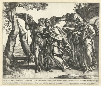 ロトは妻と娘たちと一緒にソドムから逃げる 作： Hendrick Goltzius
