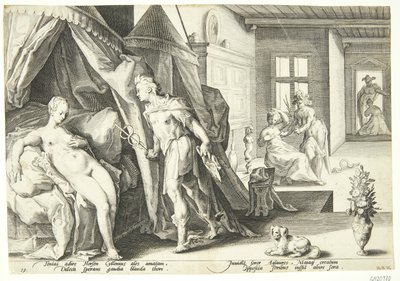 マーキュリーは、アグラウロスを石に変えた後、ハーセの部屋に入る 作： Hendrick Goltzius