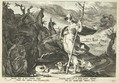 ミネルバはアグラウロスの心を嫉妬で満たすために嫉妬を命じる 作： Hendrick Goltzius