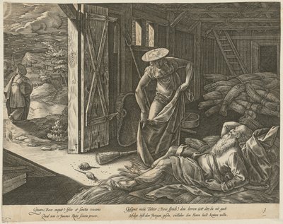 納屋にいるルツとボアズ、『ルツの物語』シリーズ第3ページ 作： Hendrick Goltzius