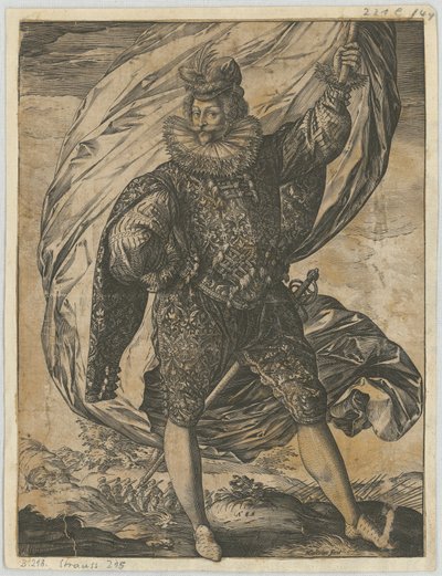 直立して旗を掲げ、頭を左に向けている 作： Hendrick Goltzius