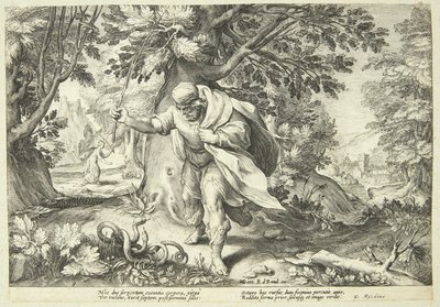 交尾中の 2 匹のヘビを杖で攻撃するテイレシアス 作： Hendrick Goltzius