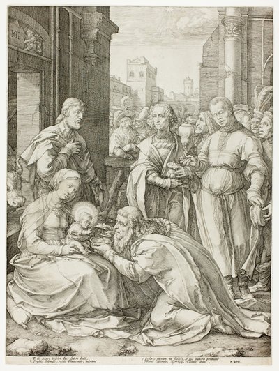 東方の三博士の礼拝、プレート 5、『キリストの誕生と初期の生涯』より 作： Hendrick Goltzius