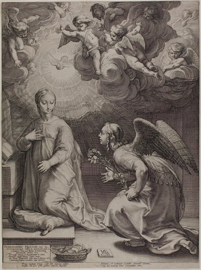 受胎告知、「キリストの誕生と初期の生涯」のプレート 1 作： Hendrick Goltzius