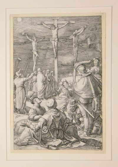 磔刑 (十字架上のキリスト)、受難から、12 の彫刻シリーズの 10 番 作： Hendrick Goltzius