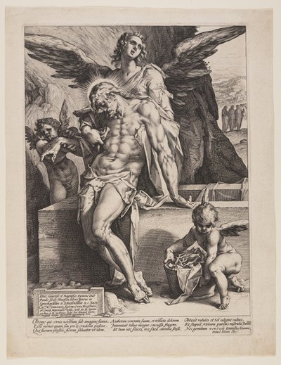 天使に支えられた死せる救世主 作： Hendrick Goltzius