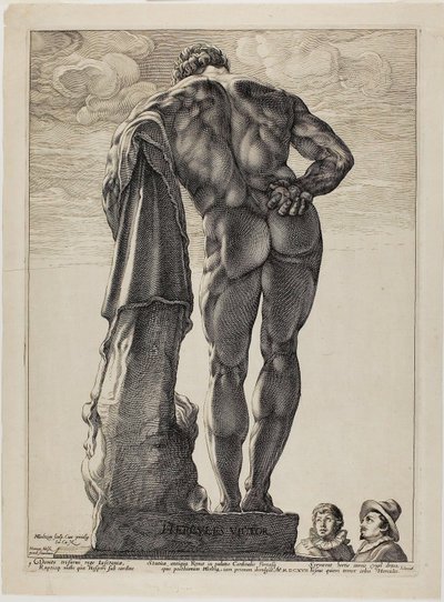 ファルネシアのヘラクレス、3 つの有名なアンティーク彫刻のプレート 1 作： Hendrick Goltzius