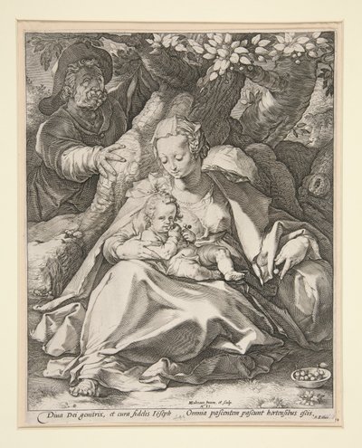 桜の木の下の聖家族/桜の木の下でエジプトへの飛行中の休息 作： Hendrick Goltzius