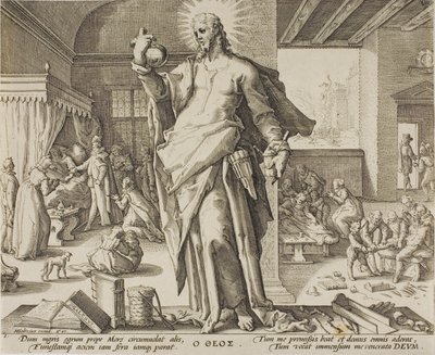 神と見なされる医師、医療専門家の寓話から 1 枚のプレート。 作： Hendrick Goltzius