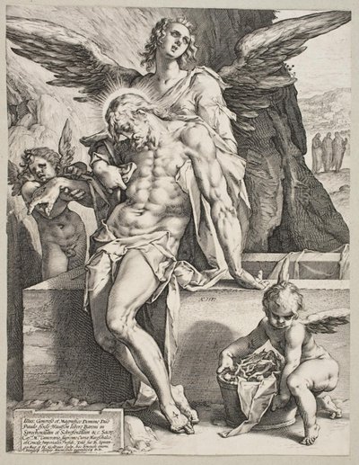 天使に支えられたキリストの体 作： Hendrick Goltzius