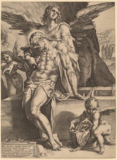 天使に支えられたキリストのからだ 作： Hendrick Goltzius, after Bartholomaeus Spranger
