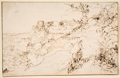 山麓に城のような建物がある風景 作： Hendrick Goudt