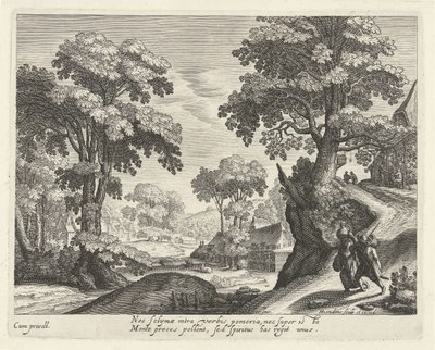 田舎道で​​農家の夫婦がいる風景 作： Hendrick Hondius (I)