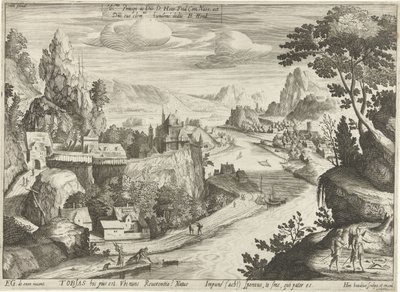 トビアスと天使がチグリス川で魚を捕まえる 作： Hendrick Hondius (I)