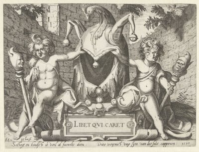 愚か者のフード付きの 2 つの putti Libet qui caret (オブジェクトのタイトル) 作： Hendrick Hondius (I)