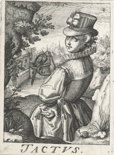 フィーリング (Tactus)、鳥を持つ女性 Tactus (オブジェクトのタイトル) 五感（シリーズタイトル） 作： Hendrick Hondius (rejected attribution)