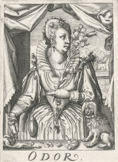 Reuk (Odor)、花の枝を持つ女性 におい（オブジェクトのタイトル） 五感（シリーズタイトル） 作： Hendrick Hondius (rejected attribution)