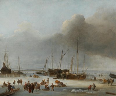 17 世紀後半、アムステルダムのイースタン ドックでのアイス スケート.. 作： Hendrick Jacobsz. Dubbels