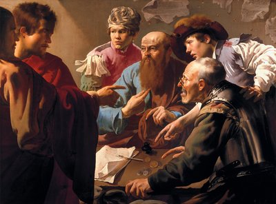 聖マタイの呼び声 (61 年没) (The Call Of Saint Matthew)。 カペナウム (イスラエルのカペナウム、ケファル ナホム) の税関に座っていた彼は、イエスによって指定され、彼に従い、使徒の 1 人になり、福音を書きました。 画家 作： Hendrick Jansz Terbrugghen