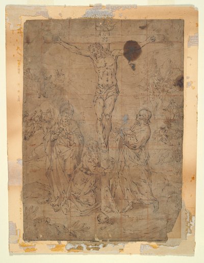 聖母と聖ヨハネの間の十字架上のキリスト、背景に受難の場面 作： Hendrick de Clerck