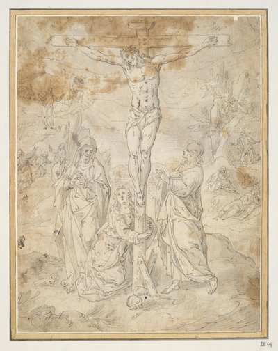 聖母と聖ヨハネの間の十字架上のキリスト、背景に受難の場面 作： Hendrick de Clerck