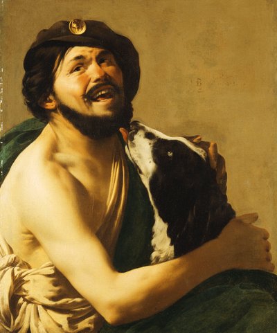 犬と一緒に笑うブラボー、1628 作： Hendrick ter Brugghen