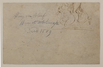 後の手による注釈。身をかがめる姿と飼育馬のスケッチ、16世紀 作： Hendrick van Cleve
