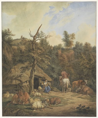 荒廃した馬小屋の前で休む羊飼い、羊飼い、牛 作： Hendrik Abraham Klinkhamer