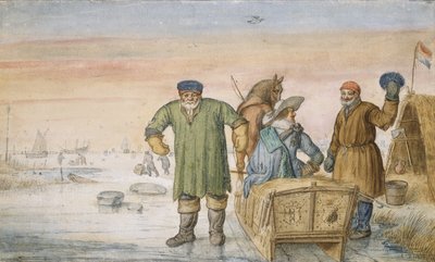アムステルダムとユトレヒトの紋章を付けたそりのそばの2人の老人、1620年〜33年 作： Hendrik Avercamp