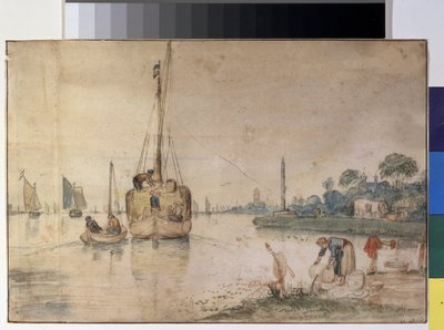 「干し草を運ぶはしけ」 (干し草を積んだはしけ) ヘンドリック・アベルカンプ (1585-1634) によるインクと水彩画 1625-1630 プーシキン美術館、モスクワ 作： Hendrik Avercamp