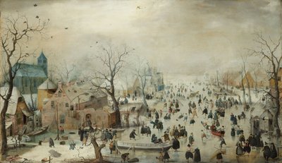 スケーターとの冬の風景。 c.1608（パネルに油彩） 作： Hendrik Avercamp