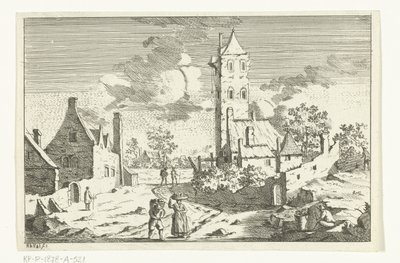 数字のある未舗装の道路に家屋と塔がある村の景色 作： Hendrik Berg