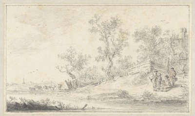 4人のグループがいる風景、左側に牛 作： Hendrik Chalon