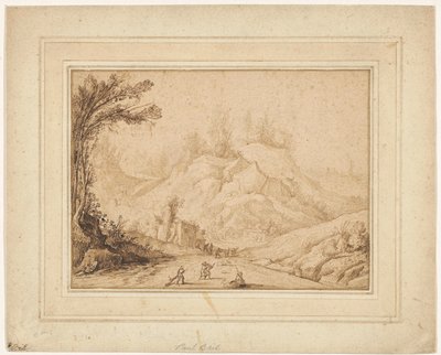 旅館の近くの道路に人影のある山の風景 作： Hendrick Cornelisz. Vroom