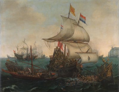 1602 年 10 月 3 日、イギリス沿岸沖でスペインのガレー船に衝突するオランダ船 作： Hendrick Cornelisz. Vroom