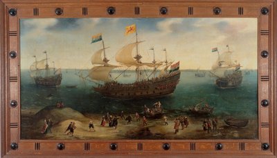 アムステルダムの 4 本マストの船 De Hollandsche Tuyn とその他の船が、Paulus van Heerden の指揮の下、ブラジルから帰還しました。 作： Hendrick Cornelisz. Vroom