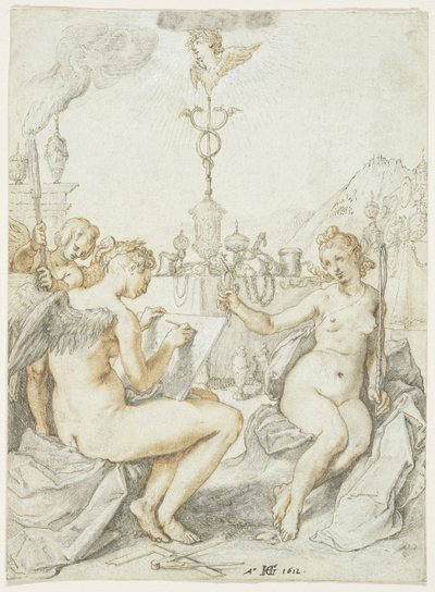 作家のエンブレムによる描画の芸術に関する寓話、1612（紙にインク、チョーク、ガッシュ） 作： Hendrik Goltzius